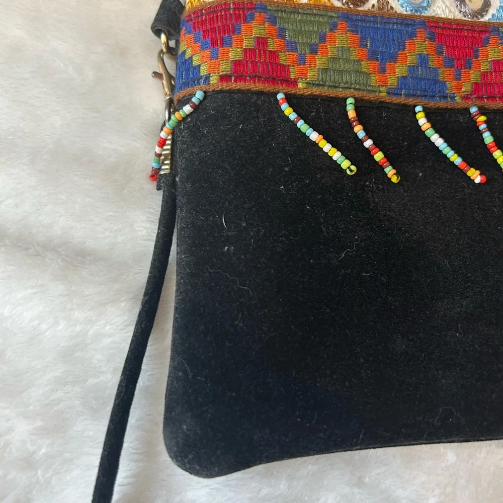 Boho Black Suede Crossbody Bag with Multicolor Beaded Trim - Picture 13 of 14